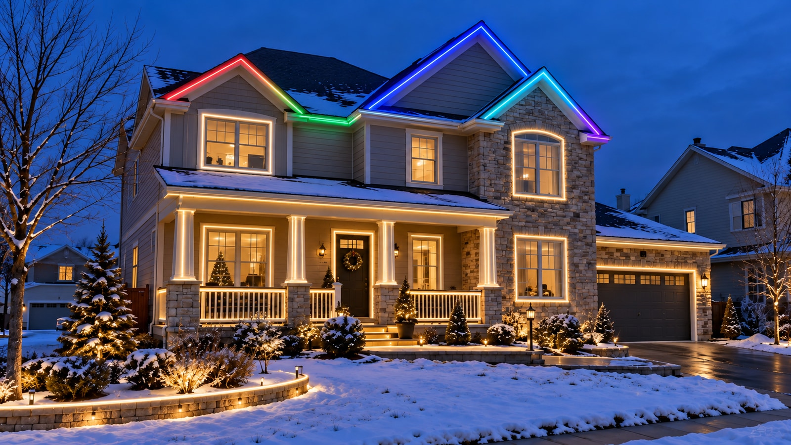 Color-zoned RGBIC roofline lighting with warm-white RGBW lighting on a snow-covered home at Christmas