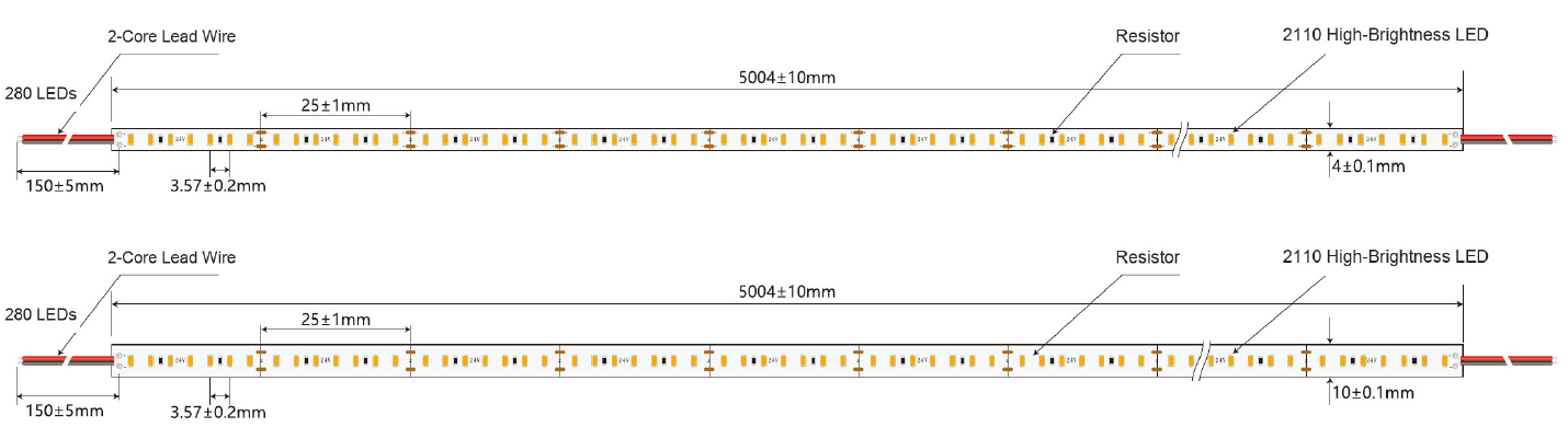 Example SMD 2110 LED strip dimensions; see caption for applicable configurations