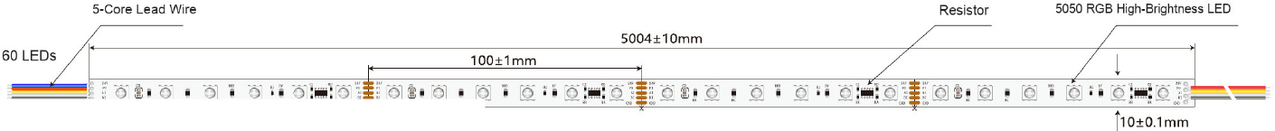 Example 5050 RGB strip with 5-core lead wire and 100 mm cut