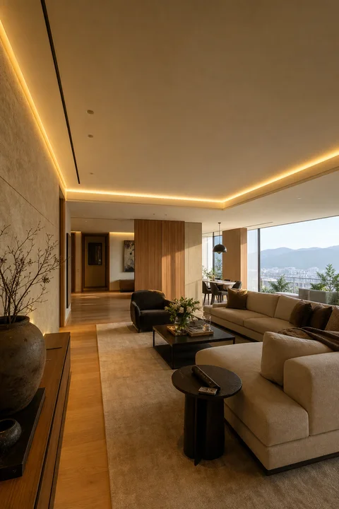 Warm LED strip cove lighting in an interior ceiling scene