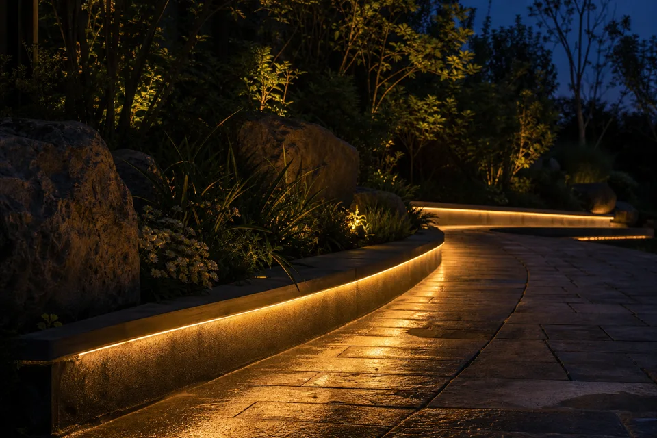 Outdoor pathway lighting with protected linear LED strips