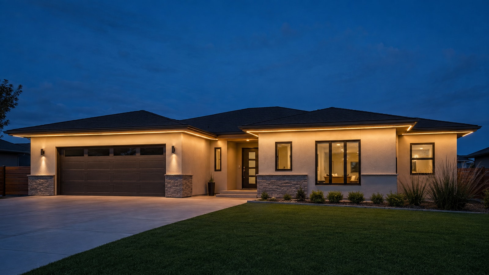 Uniform warm-white LED strip lighting across multiple horizontal eave sections of a contemporary house