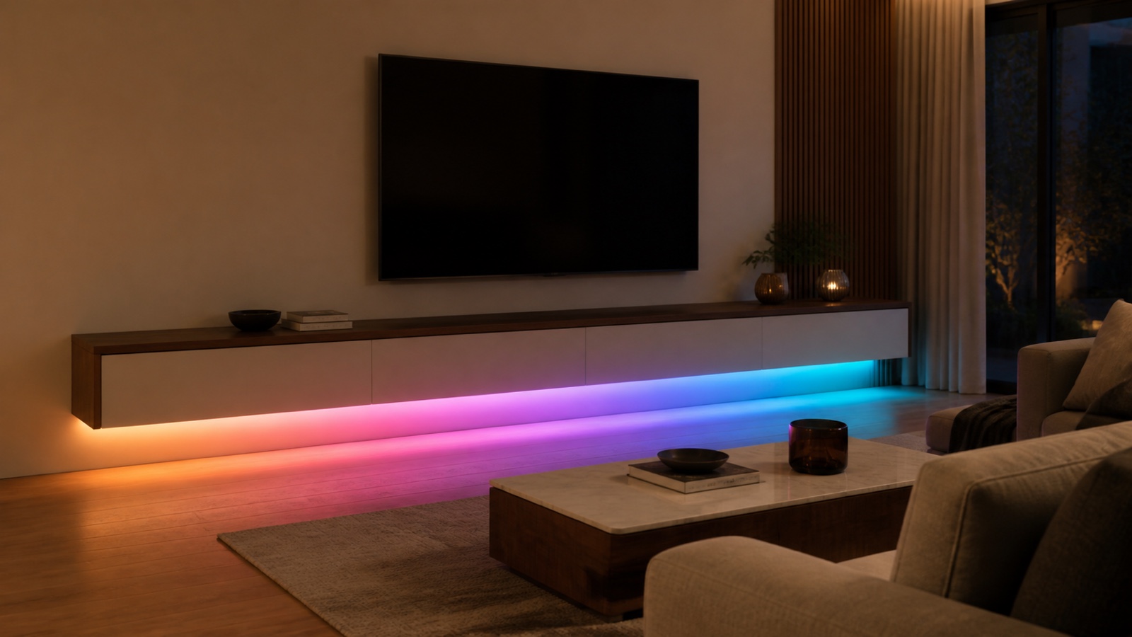 RGBIC LED strip creating programmable color zones beneath a floating media console in a modern living room