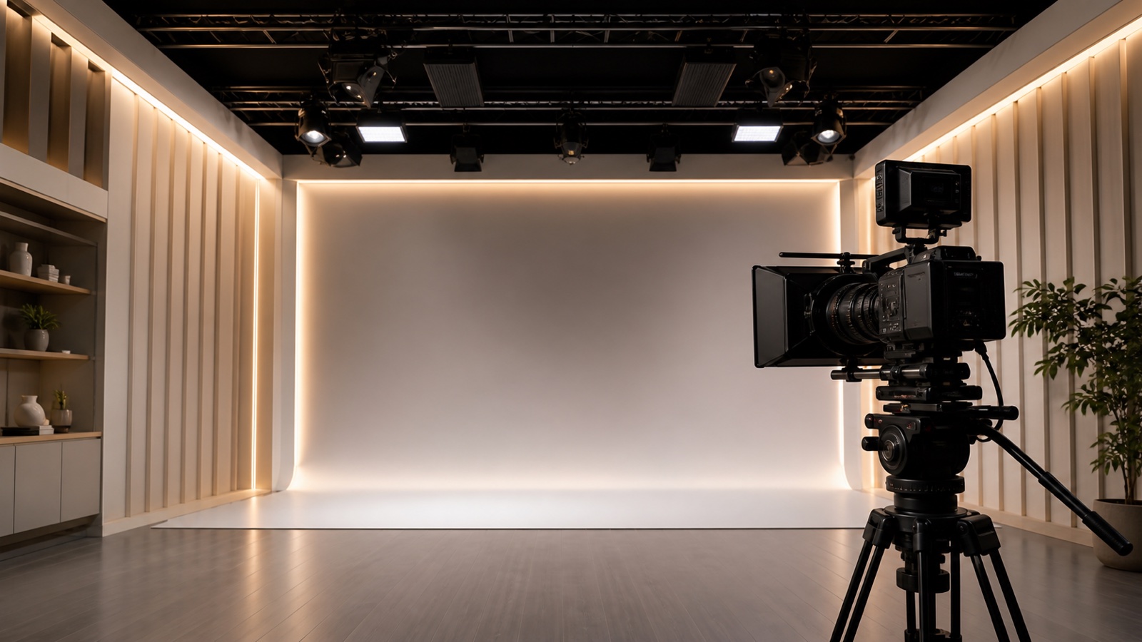 Professional video camera filming a studio set illuminated by concealed linear LED strip lighting