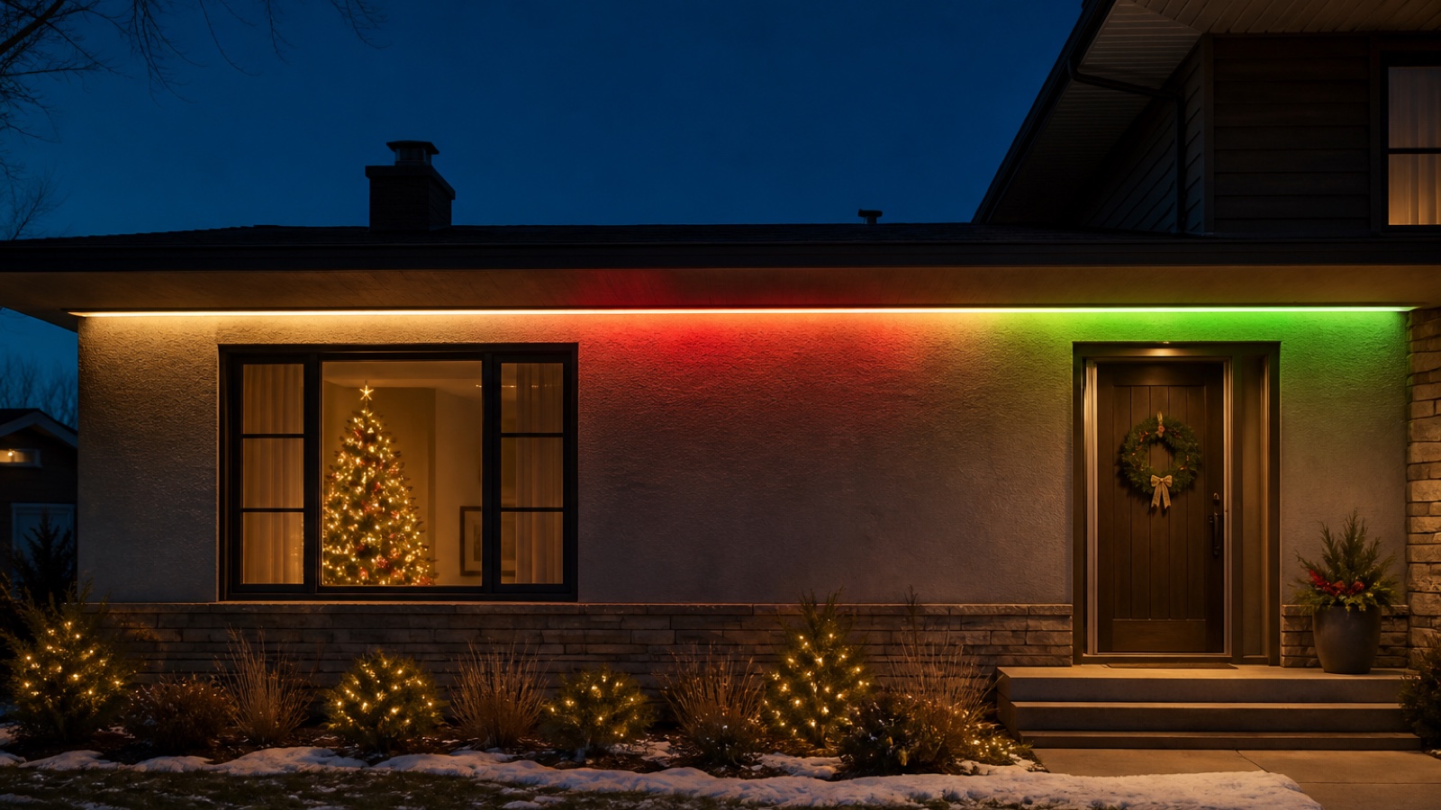 Outdoor LED strip lights creating warm-white, red and green Christmas lighting under a house eave