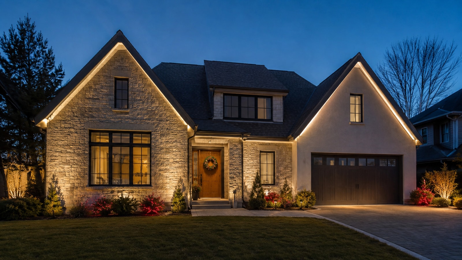 Warm-white LED strip lighting along the eaves and roofline of a contemporary house with restrained Christmas decorations